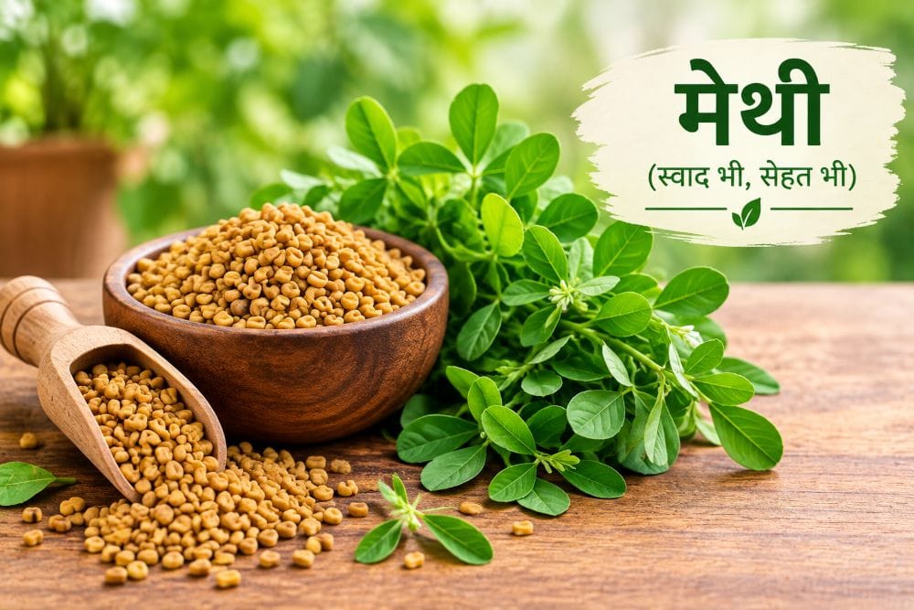 मेथी (Fenugreek)। के ताजे पत्ते और मेथी के बीज – आयुर्वेदिक घरेलू नुस्खों में उपयोगी जड़ी-बूटी